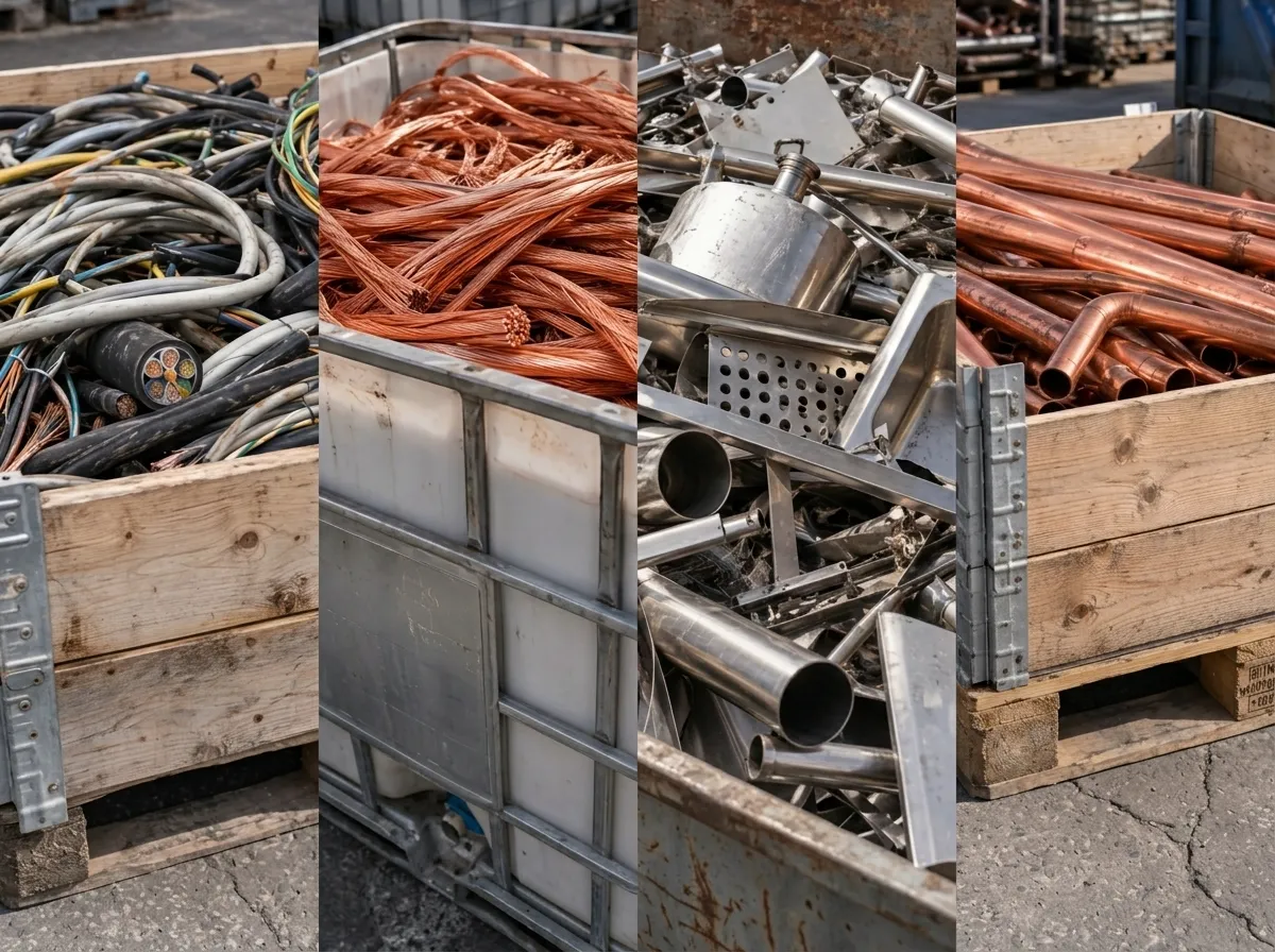 Sorterade fraktioner av koppar, aluminium och stål i separata fack.