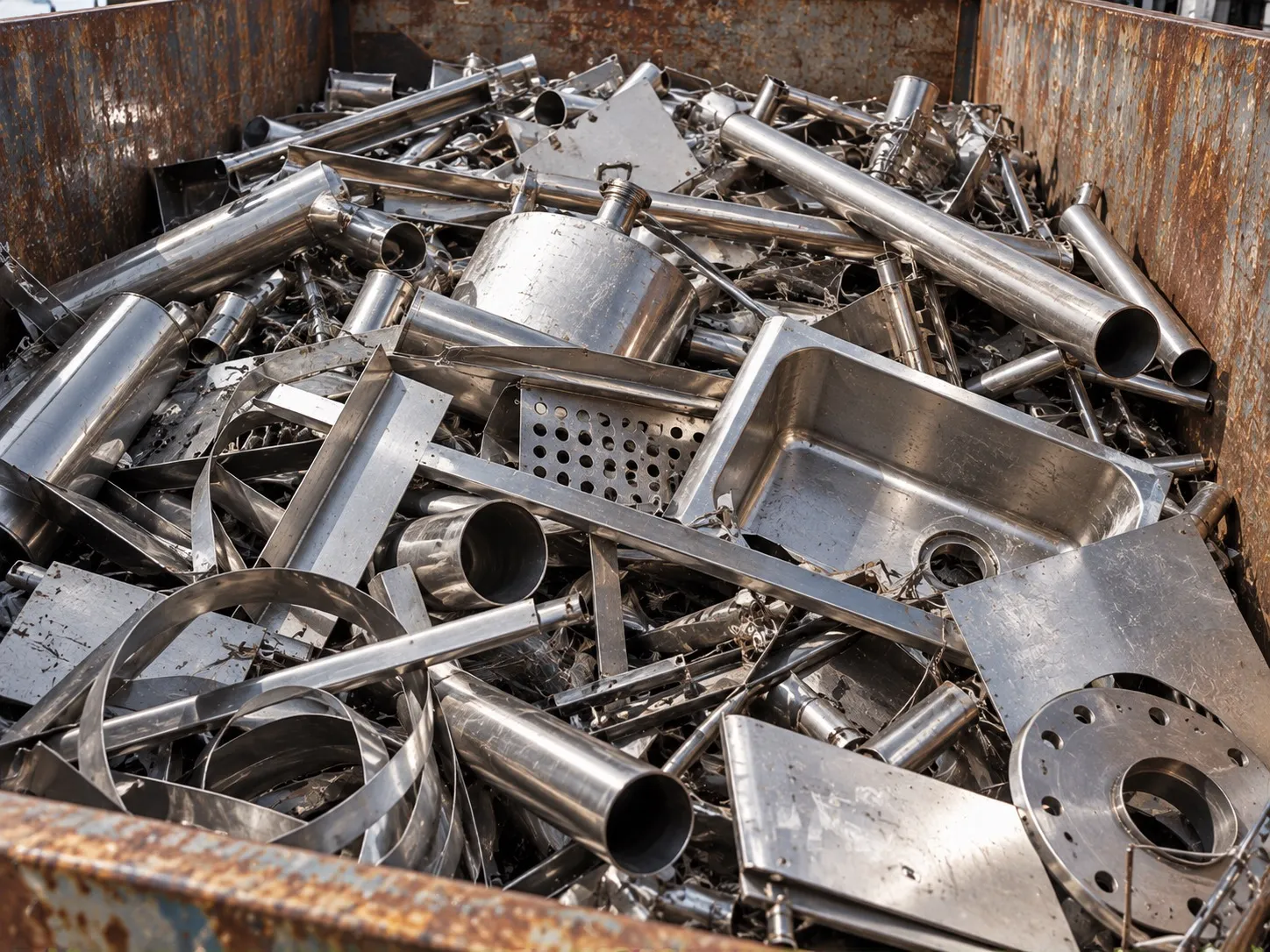 Metallskrot i container: rör, plåt, flänsar och rostfria detaljer redo för återvinning.