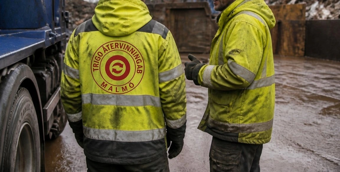 Två medarbetare i varselkläder samtalar vid en lastbil på återvinningsgården.